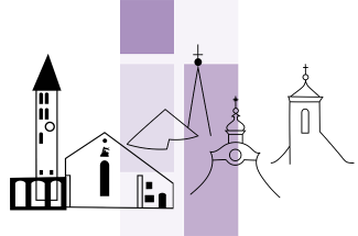 Logos beider Kirchengemeinden auf der Fahne der ELKB