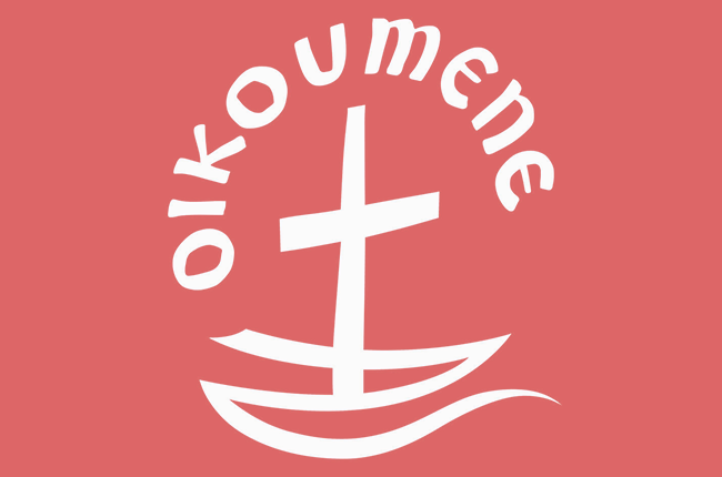 Logo Ökumene weiß auf rotem Grund