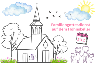 Gezeichnete Kirche und Familie mit Sonne und Wolken